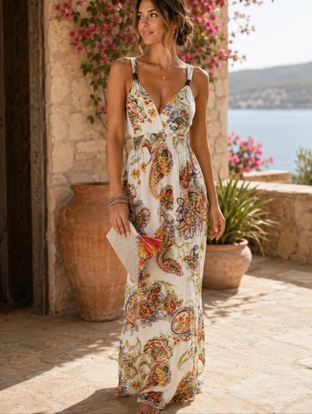 Lascana for Venus White Paisley Maxi Dress with Multicolor Print